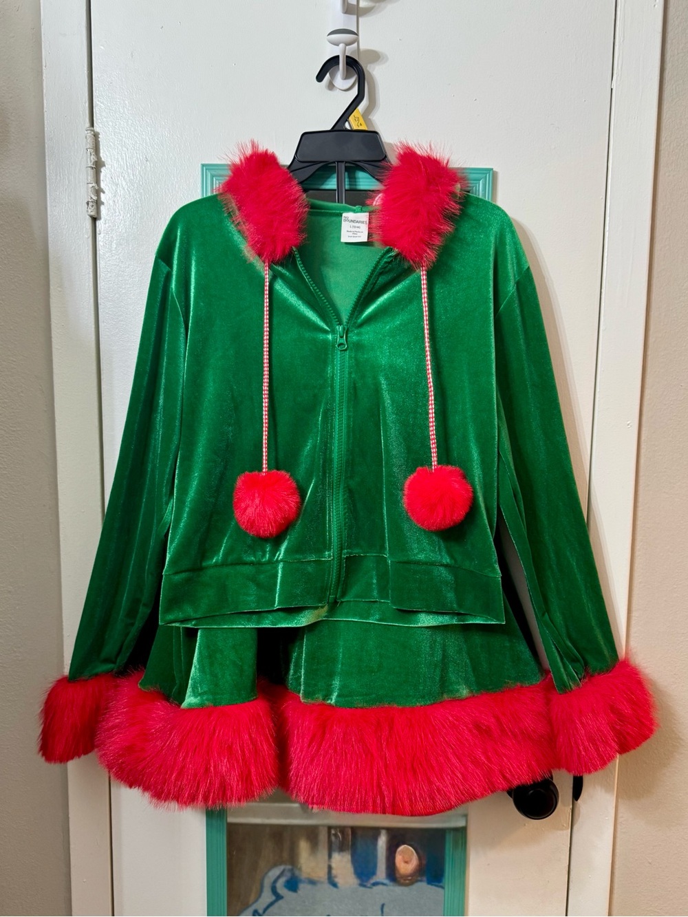 No Boundaries Green Velvet Jacket and Skirt with Red Faux Fur Trim